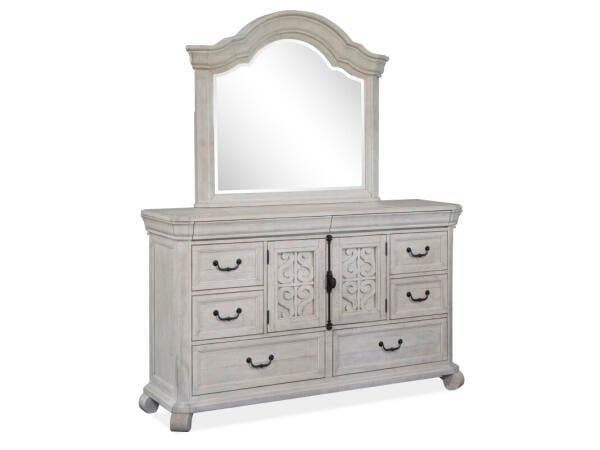 Drawer Dresser with Shaped Mirror Dressers Alabaster and Toasted Nutmeg and Baja Natural Fabric