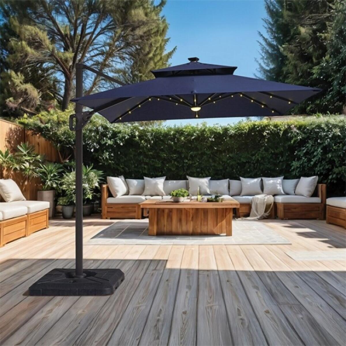 183dfe751f2d46ff66d17eb803898147 Xico 8 Ft Square Umbrella w/ Double Top w/ LED Light + 37" Large Base - Image 1