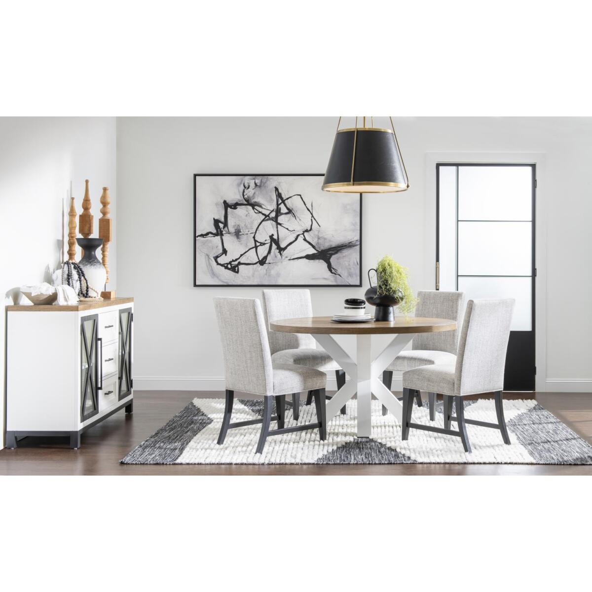 Complete Round Dining Table Dining Tables Dark Oak Tops, Natural White Base, Aged Black Accents 6