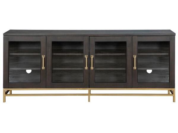 Lindon Dark Console Entertainment Stands Belgian Wheat and Coffee Bean, Burnished Brass, Clear Glass