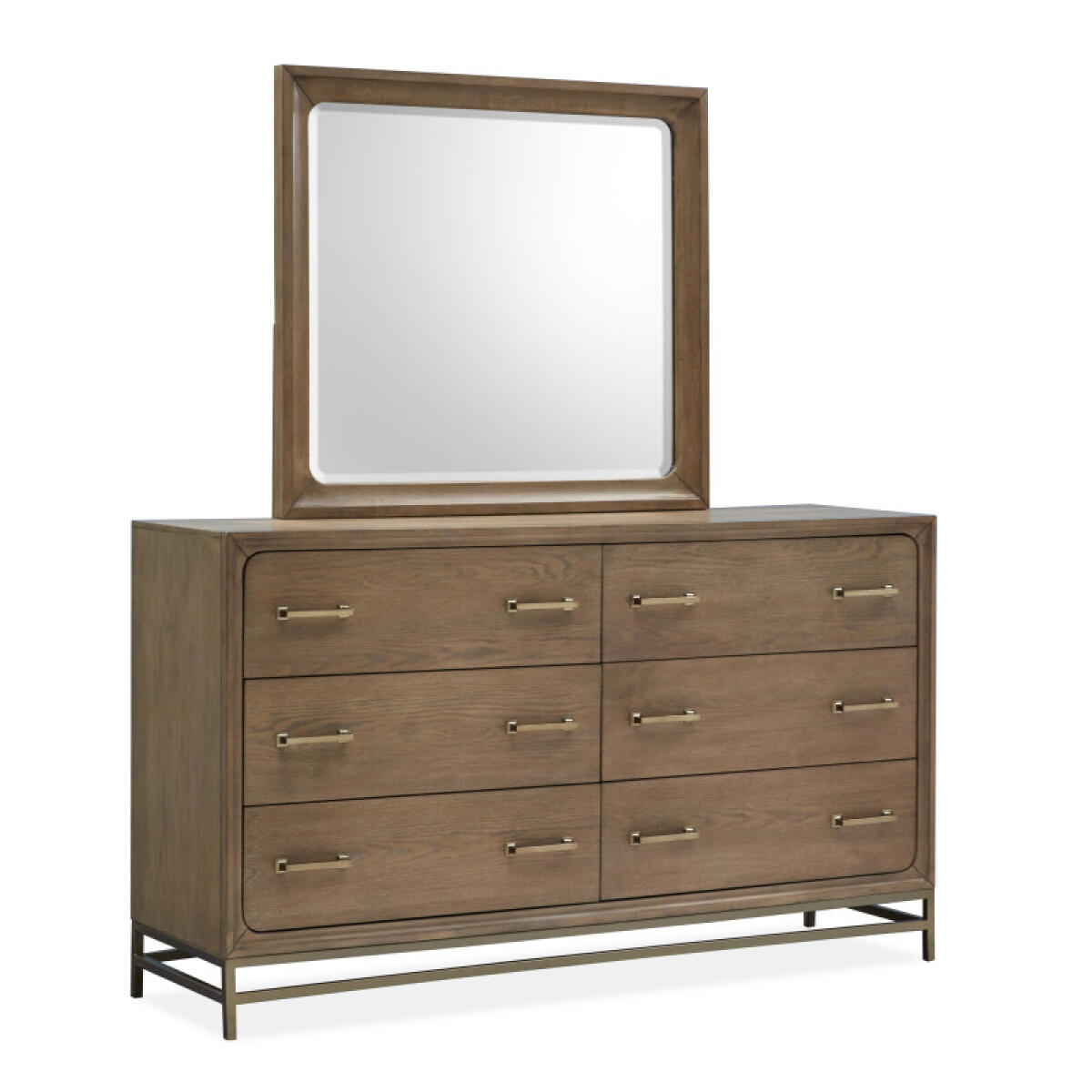 Double Drawer Dresser with Landscape Mirror Dressers Belgian Wheat and Coffee Bean and Burnished Brass and Sauve Blanco Fabric and Sauve Pebble Fabric 5
