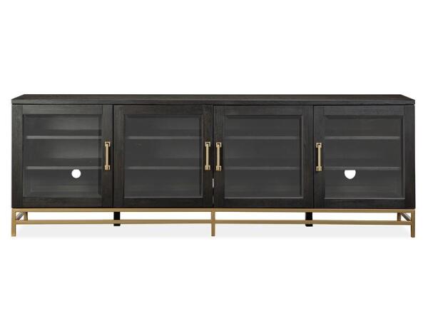 Lindon Dark Large Console Entertainment Stands Belgian Wheat and Coffee Bean, Burnished Brass, Clear Glass