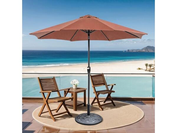 Soli 9′ Outdoor Umbrella w/ Auto Tilt + 21″ Round Base Outdoor Accessories Brown