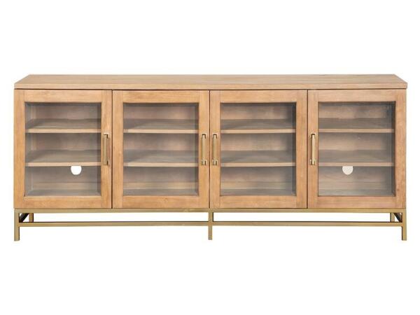 Lindon Console Entertainment Stands Belgian Wheat and Coffee Bean, Burnished Brass, Clear Glass