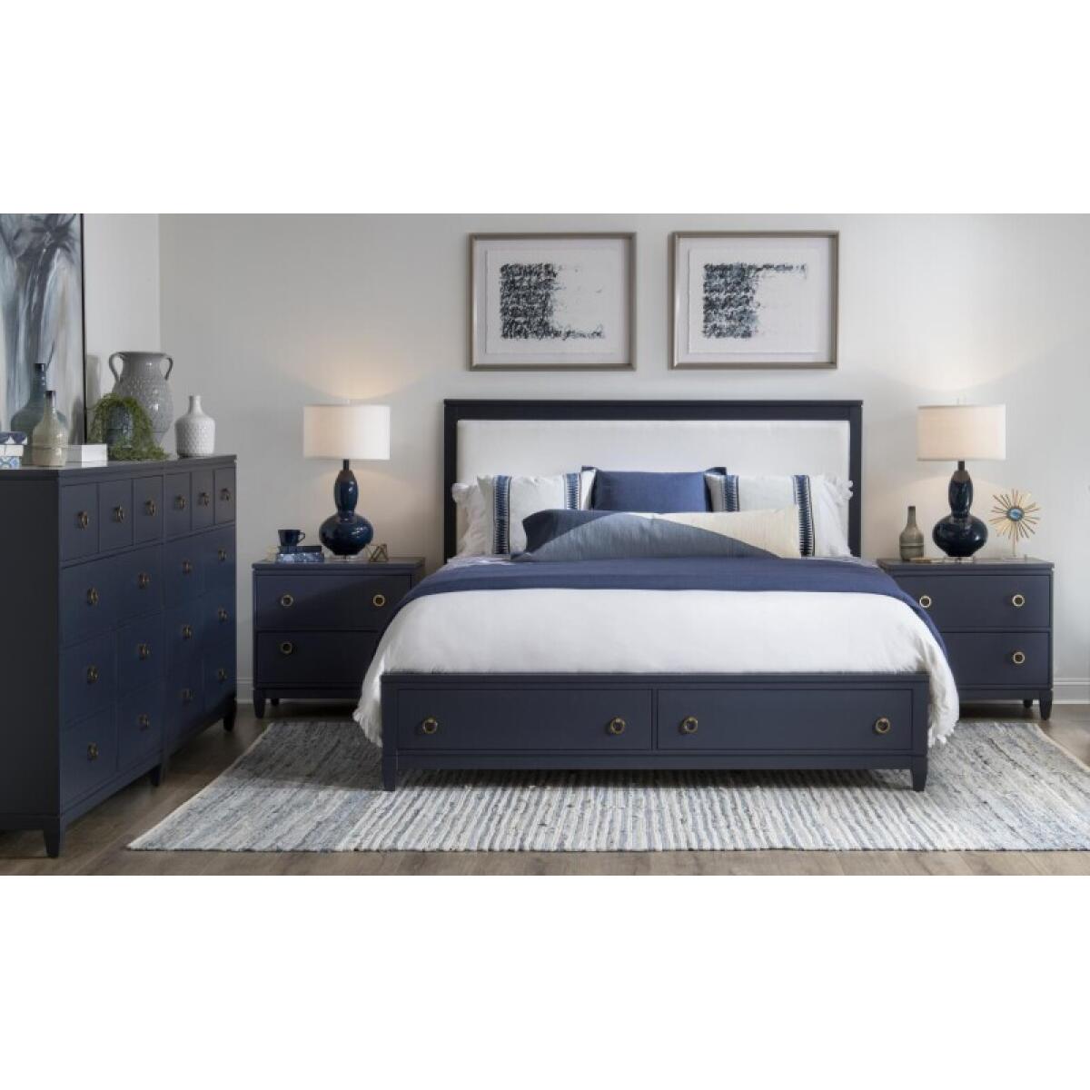 Complete Upholstered Bed W Storage Queen 5/0 Blue Finish Beds Beds 7