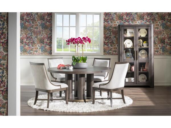 Complete Round Dining Table, 4x Uph Side Chair Dining Sets Brown