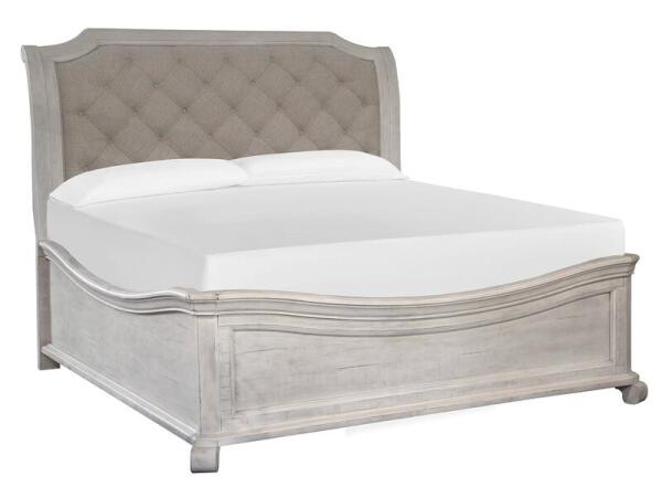 Bronwyn Wood Queen Bed Shaped Footboard SU Bed Parts Alabaster and Toasted Nutmeg and Baja Natural Fabric