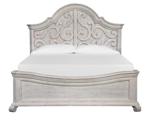 Bronwyn Wood Queen Panel Bed Shaped Headboard KD Bed Parts Alabaster and Toasted Nutmeg and Baja Natural Fabric