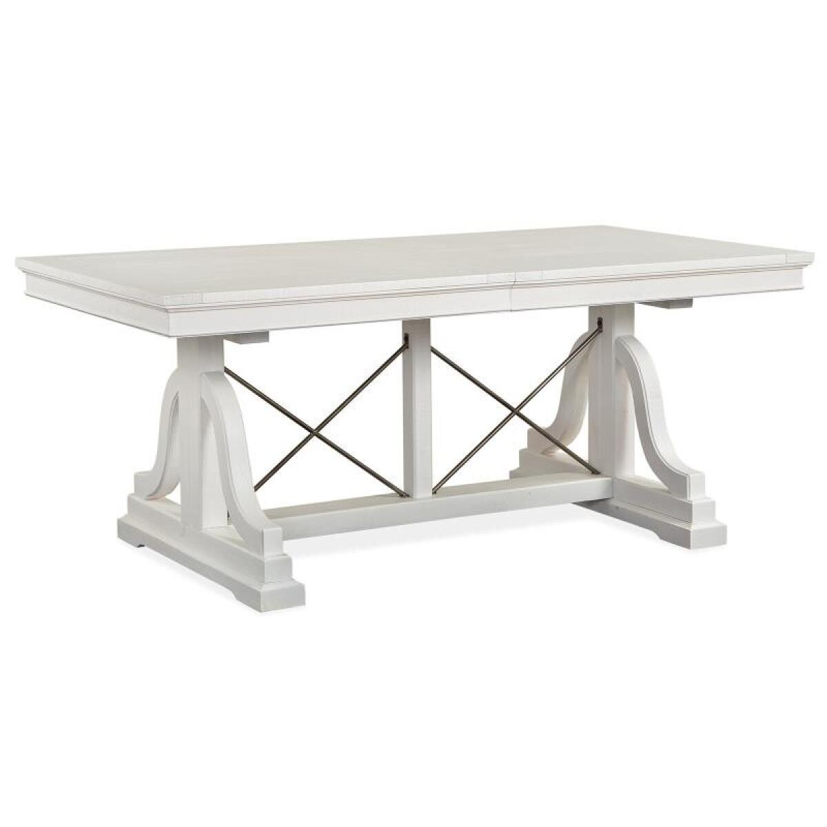 Heron Cove Wood Trestle Dining Table Base KD Dining Table Bases Chalk White and Dovetail Grey and Aged Pewter Metal and Baja Fog Fabric 4