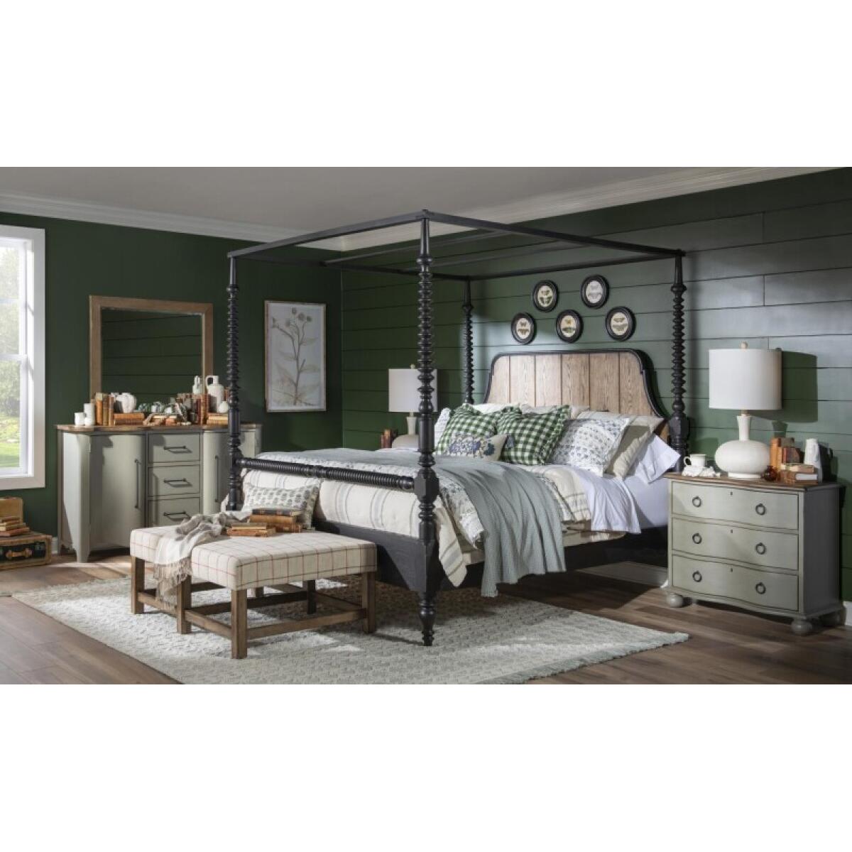 Complete Bobbin Post Canopy Bed 6/6 King Beds Barnwood Oak And Kettle Black 7