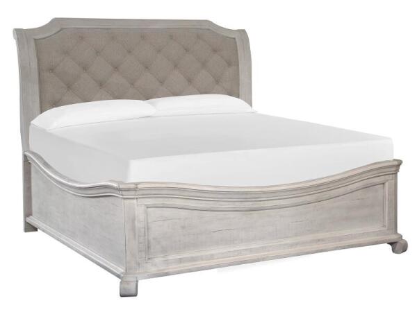 Bronwyn Wood King Bed Shaped Footboard SU Bed Parts Alabaster and Toasted Nutmeg and Baja Natural Fabric