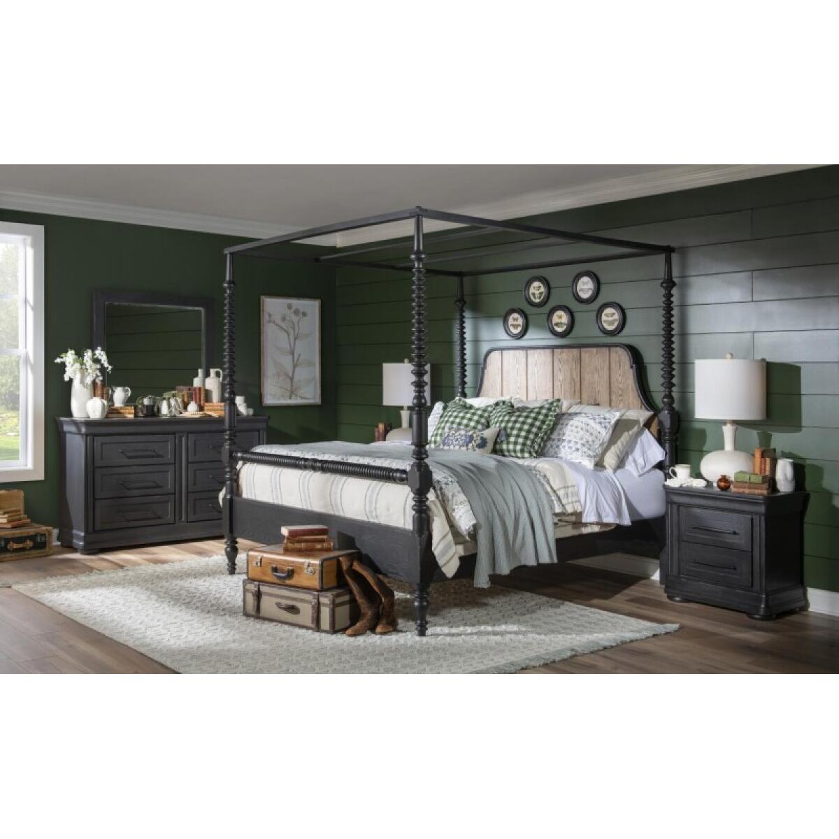 Complete Bobbin Post Canopy Bed 6/6 King Beds Barnwood Oak And Kettle Black 8