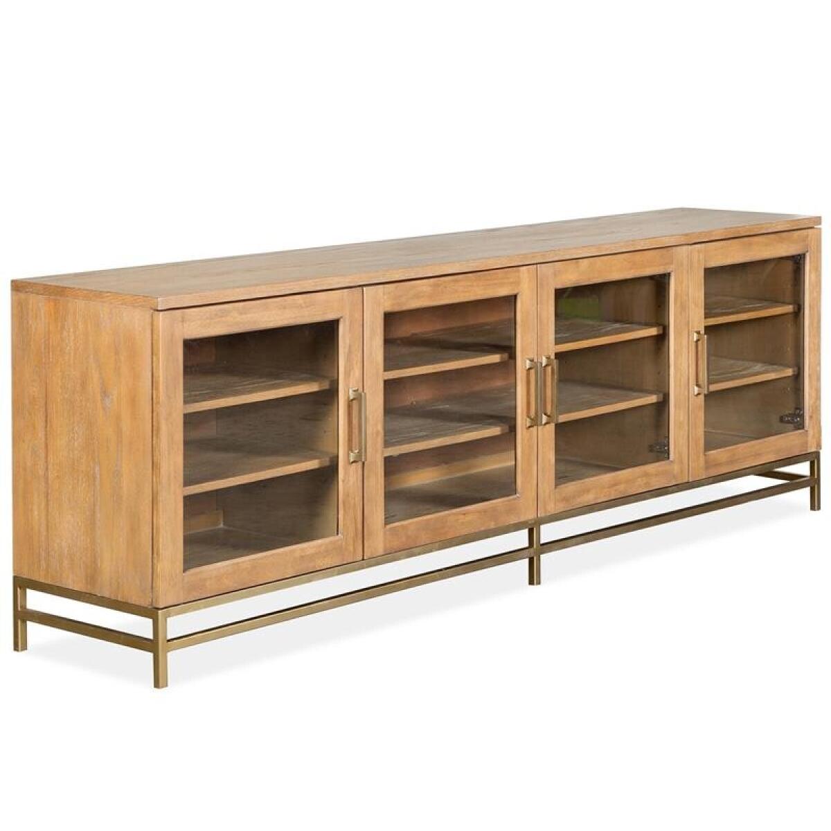 Lindon Large Console Entertainment Stands Belgian Wheat and Coffee Bean, Burnished Brass, Clear Glass 7