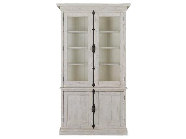 Bronwyn Wood Dining Cabinet Top SU Dining Storage Alabaster and Toasted Nutmeg and Antique Brass w/Pewter Overlay and Baja Natural Fabric