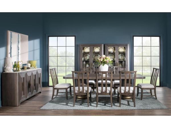 Complete Double Pedestal Dining Table, 4x Wood Side Chair Dining Sets Brown