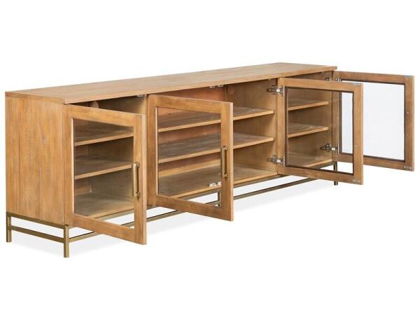 Lindon Large Console Entertainment Stands Belgian Wheat and Coffee Bean, Burnished Brass, Clear Glass 16
