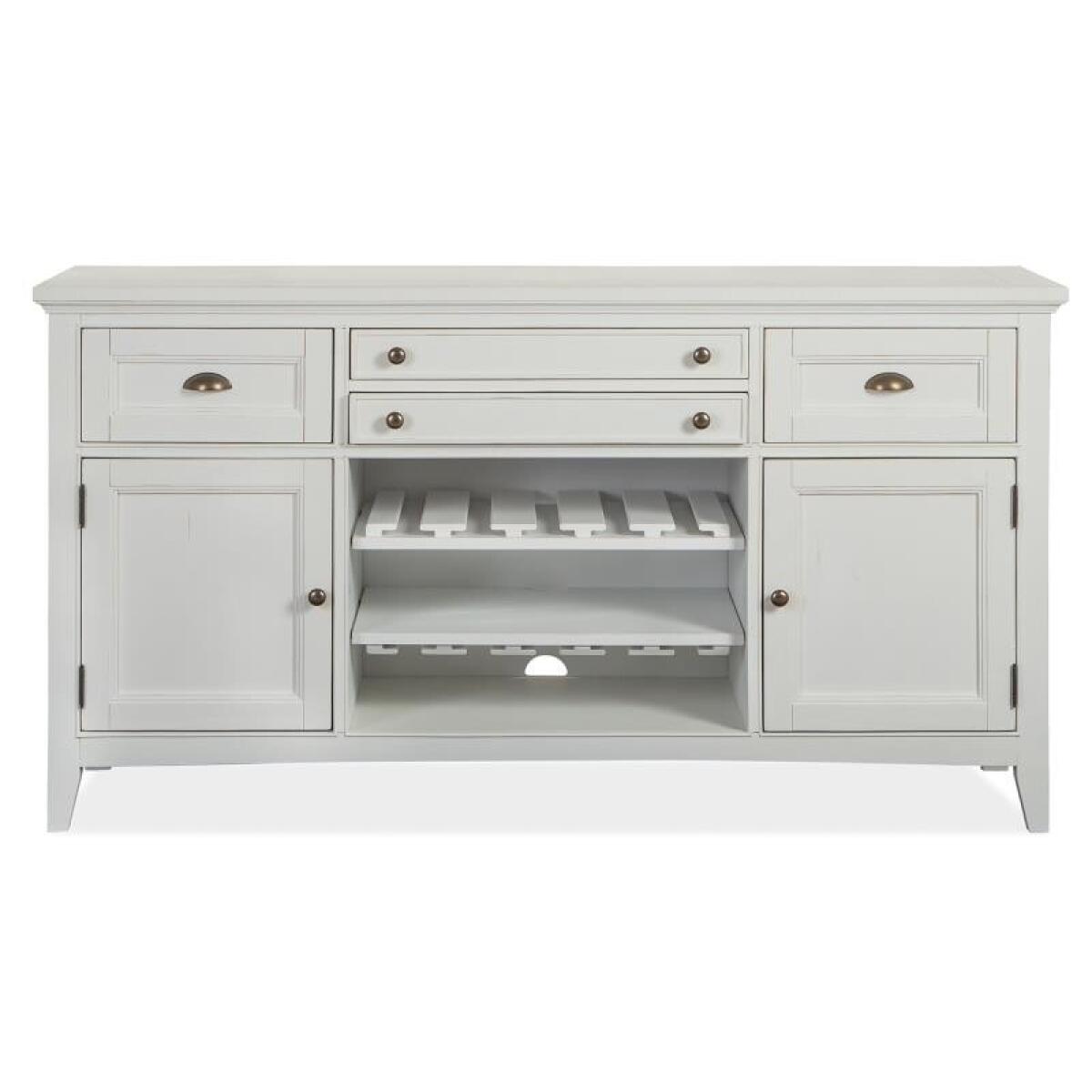 Heron Cove Buffet Dining Storage Chalk White, Dovetail Grey, Aged Pewter Metal, Baja Fog Fabric 4