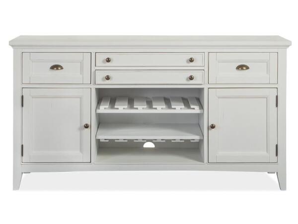 Heron Cove Buffet Dining Storage Chalk White, Dovetail Grey, Aged Pewter Metal, Baja Fog Fabric