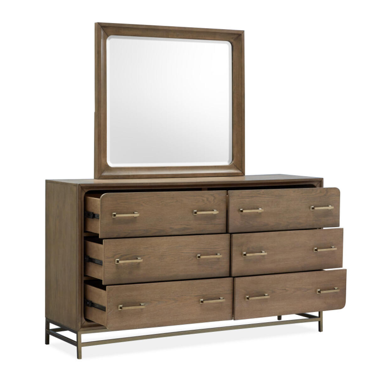 Double Drawer Dresser with Landscape Mirror Dressers Belgian Wheat and Coffee Bean and Burnished Brass and Sauve Blanco Fabric and Sauve Pebble Fabric 4