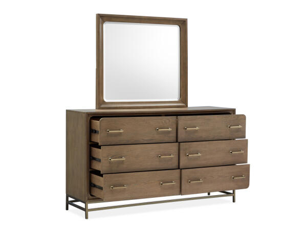 Double Drawer Dresser with Landscape Mirror Dressers Belgian Wheat and Coffee Bean and Burnished Brass and Sauve Blanco Fabric and Sauve Pebble Fabric