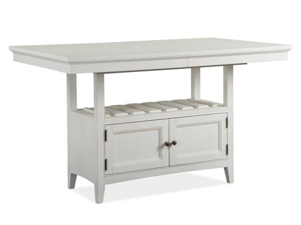 Heron Cove Wood Counter Dining Table Top SU Dining Table Tops Chalk White and Dovetail Grey and Aged Pewter Metal and Baja Fog Fabric