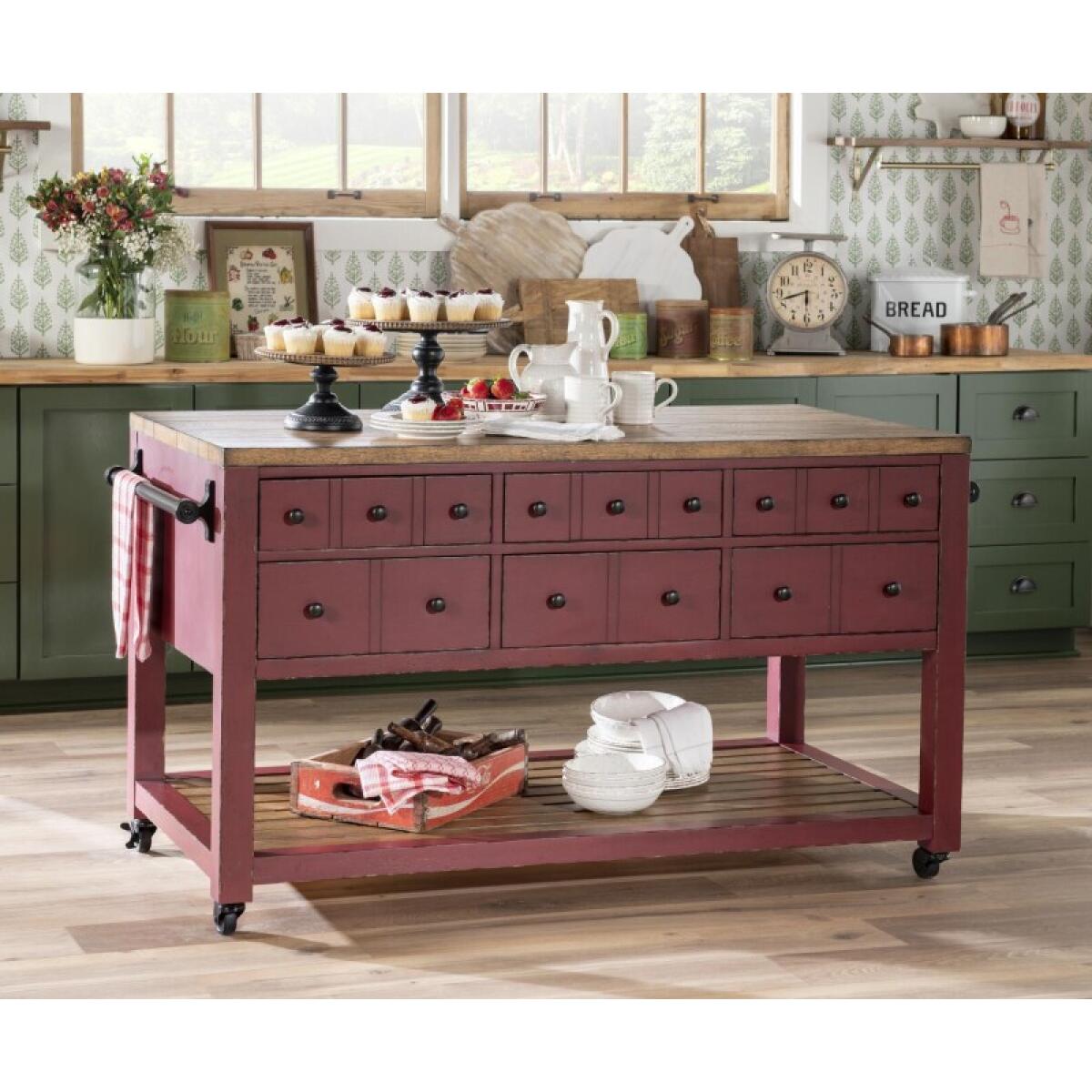 Kitchen Island 6 Drw W/casters Dining Storage Barnwood Oak And Spiced Apple 7