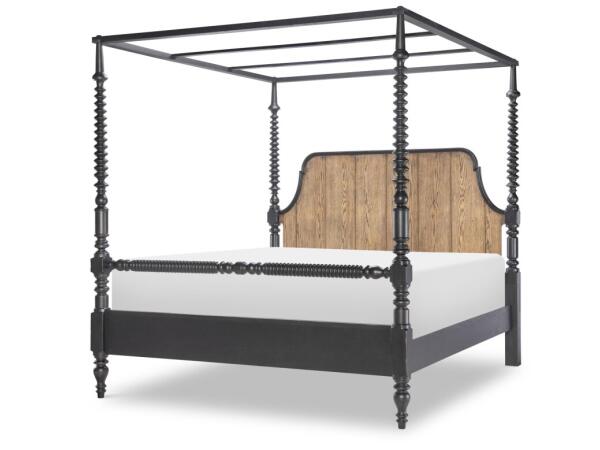 Complete Bobbin Post Canopy Bed 6/6 King Beds Barnwood Oak And Kettle Black