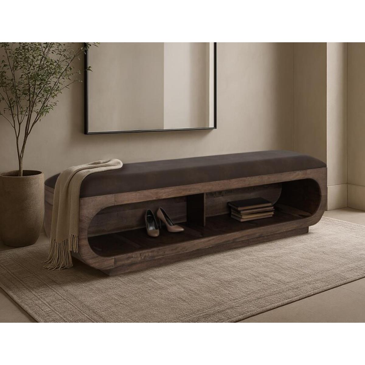 Wooden bench with a cushioned seat and open storage underneath - Balam - Image 5