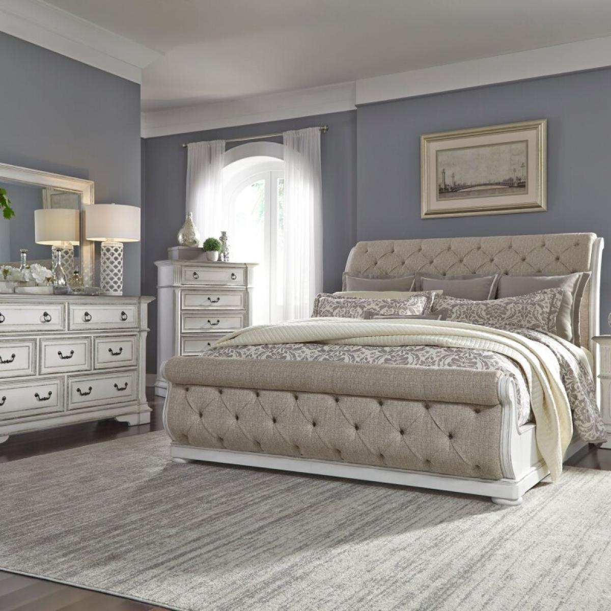 King Uph Sleigh Bed, Dresser & Mirror, Chest - Image 2