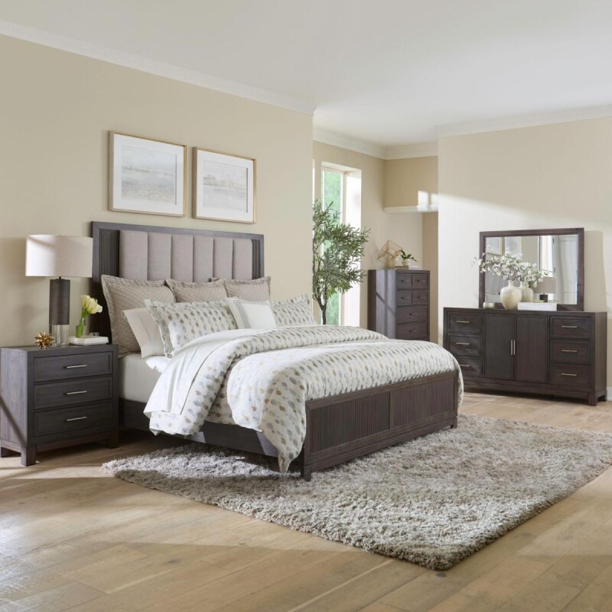 King Uph Bed, Dresser & Mirror, Chest, Night Stand - Image 2