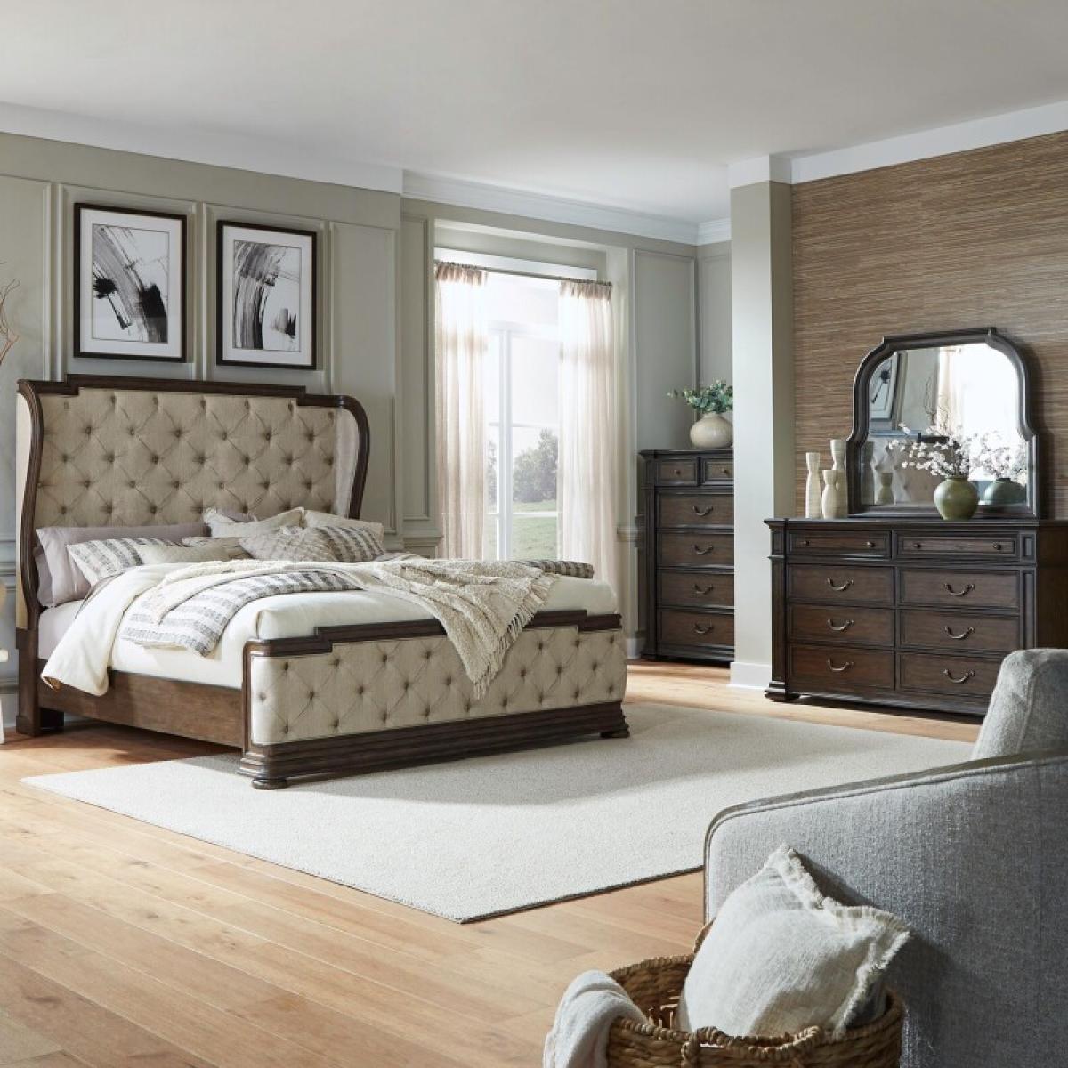 4372d6317f66da8bfd3feff1282018b0 King Shelter Bed, Dresser & Mirror, Chest - Image 1