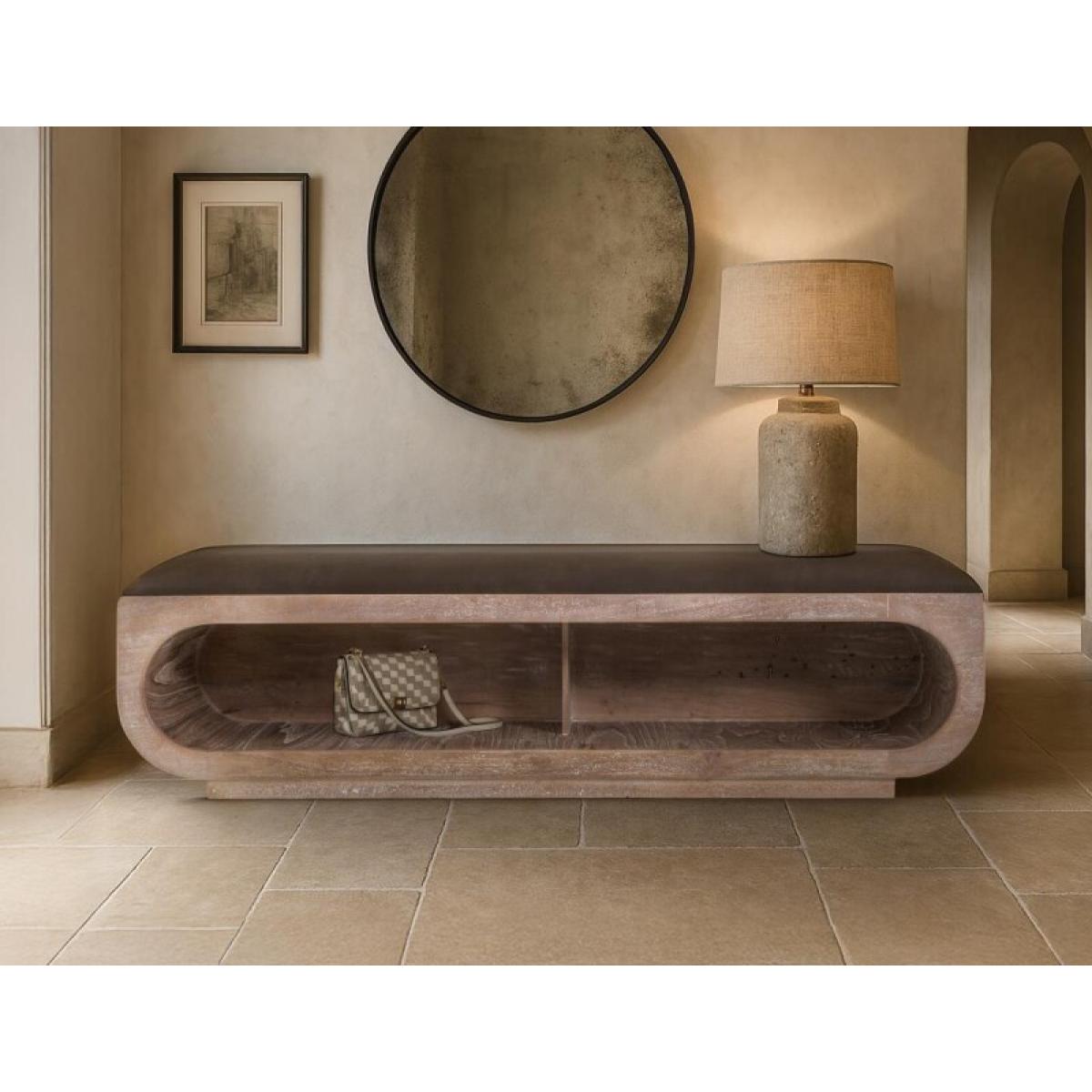 Balam Wooden bench with a cushioned seat and open storage underneath - Image 5