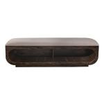 Wooden bench with a cushioned seat and open storage underneath. - Balam