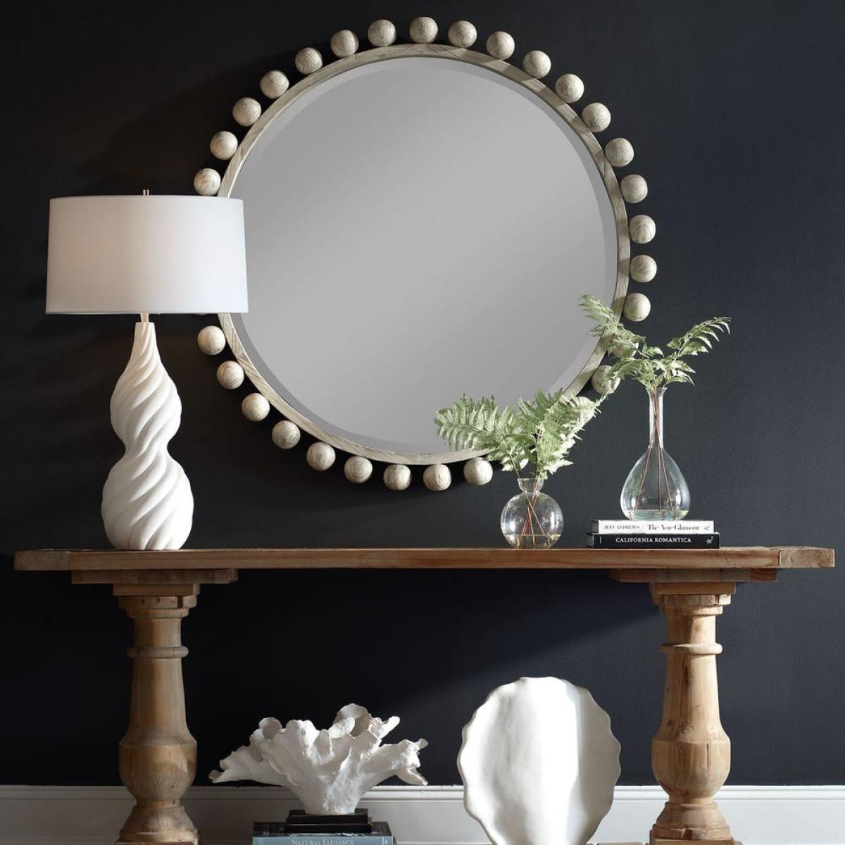 Cyra Wood Round Mirror, Aged Ivory - Image 4