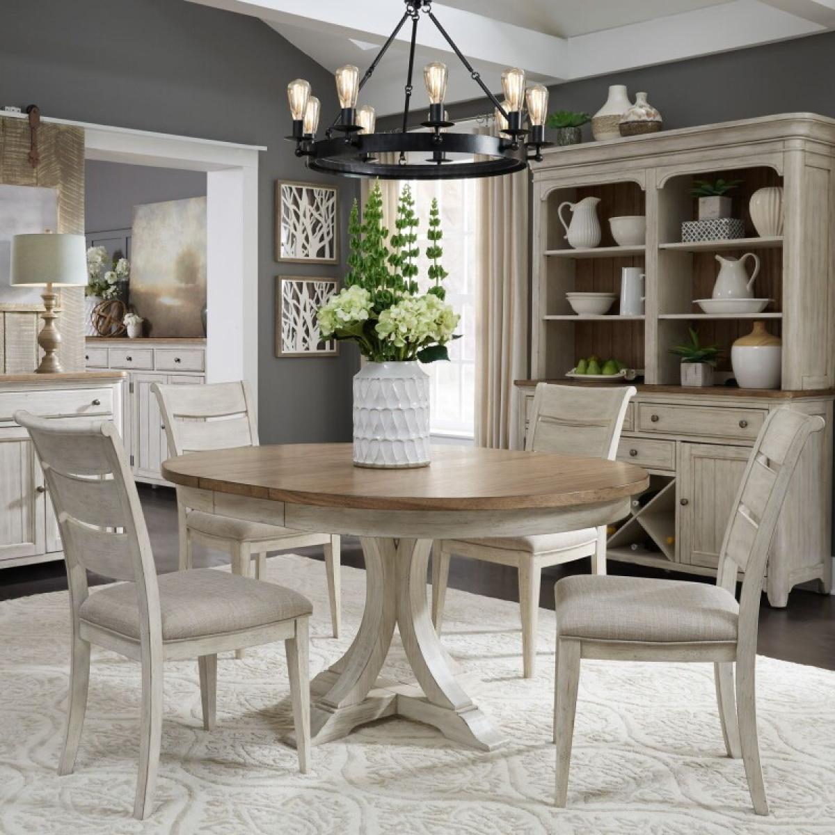 fbd46dcb9c5594970e48abf2ab782505 Farmhouse Reimagined Opt 5 Piece Pedestal Table Set - Image 1