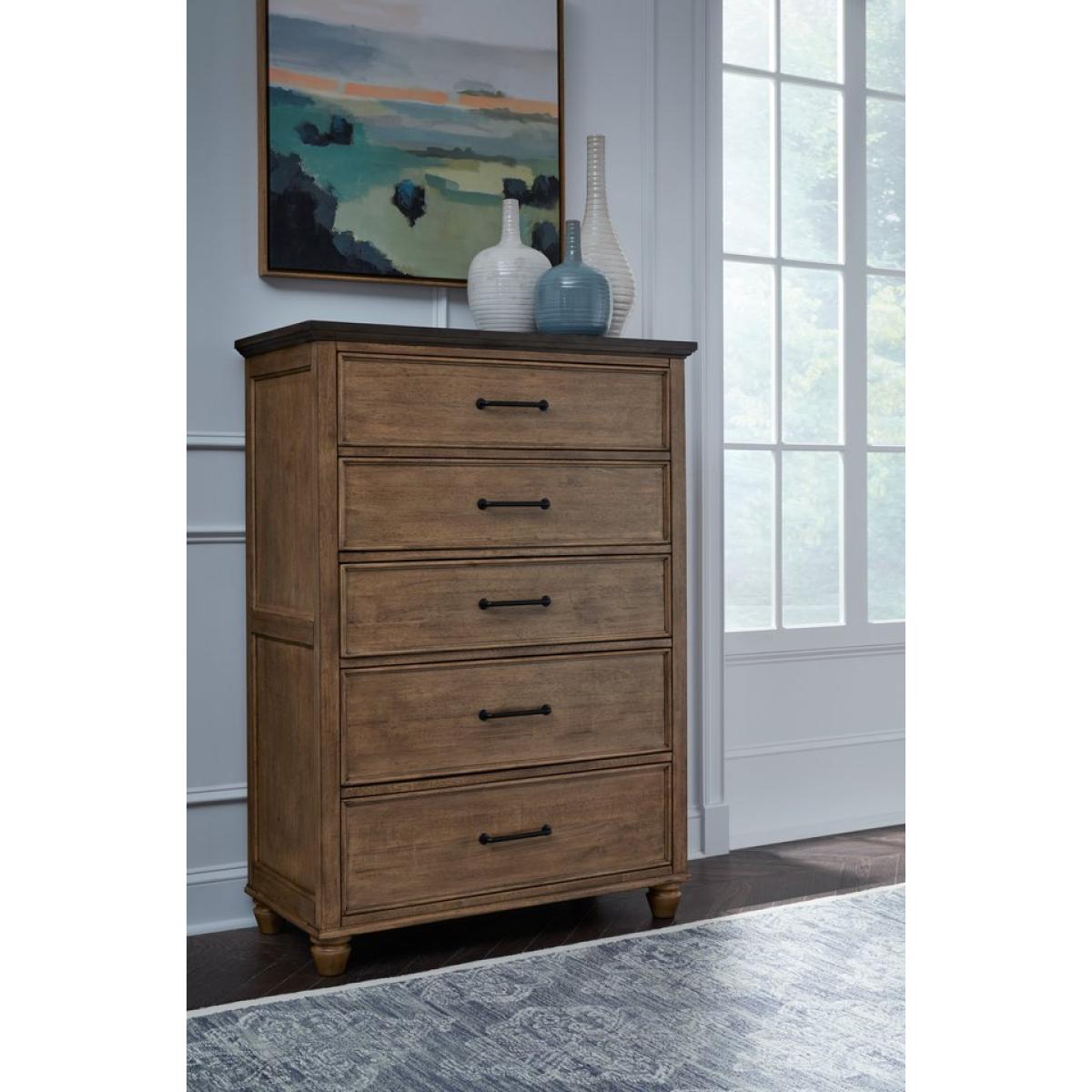 fe28ff4788f8299c29fd947eb725d041 Vista Bedroom - Vista 5 Drawer Chest in Hickory and Coal - Image 1