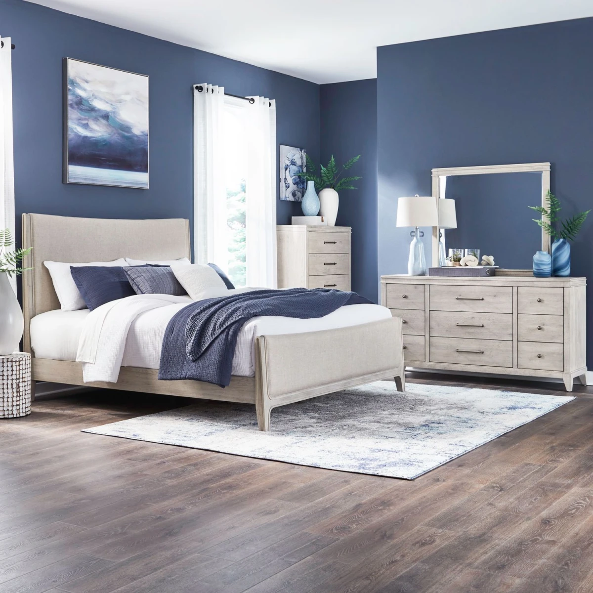 King Uph Bed, Dresser & Mirror, Chest - Image 2