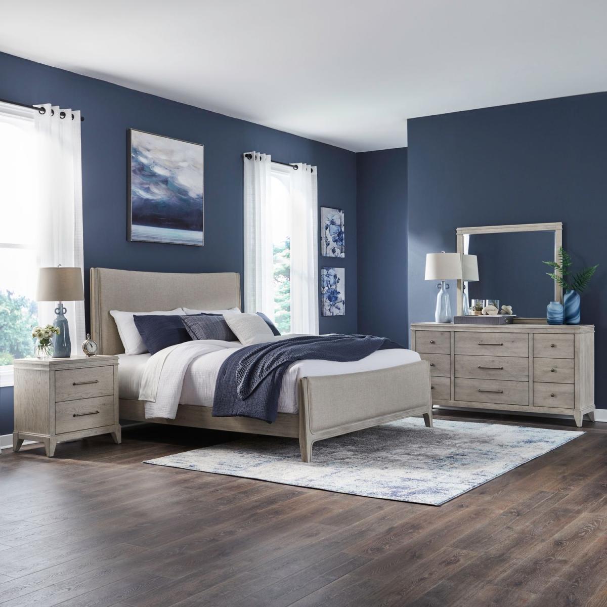King Uph Bed, Dresser & Mirror, Night Stand - Image 2
