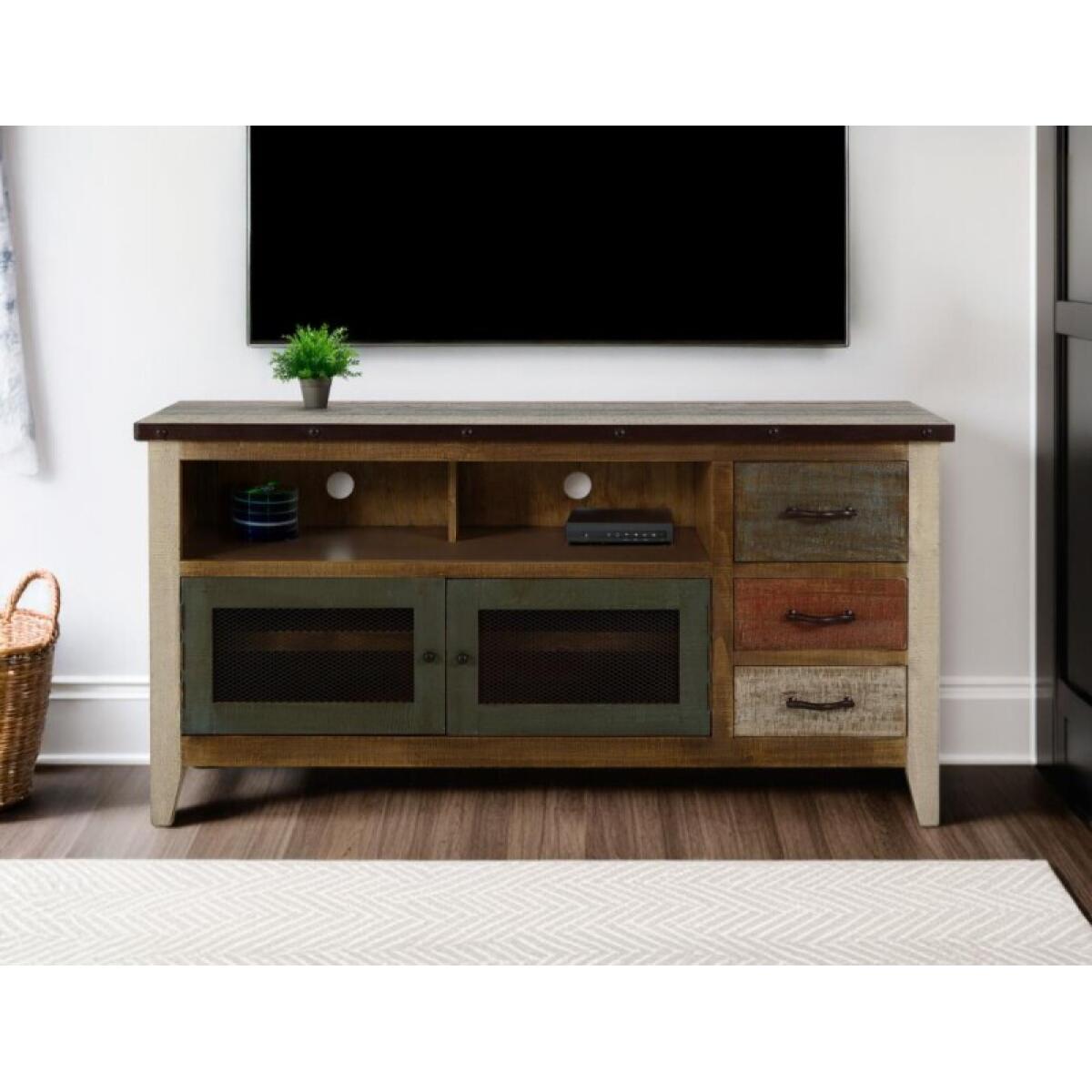 Antique 3 Drawer, 2 Iron Mesh Doors 62" TV Stand - Image 5