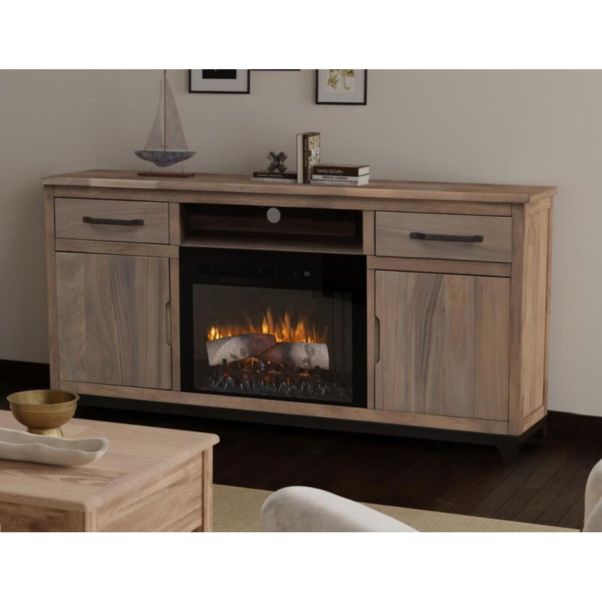 Natural Parota 2 Drawer 2 Door Fireplace TV Stand - Image 4