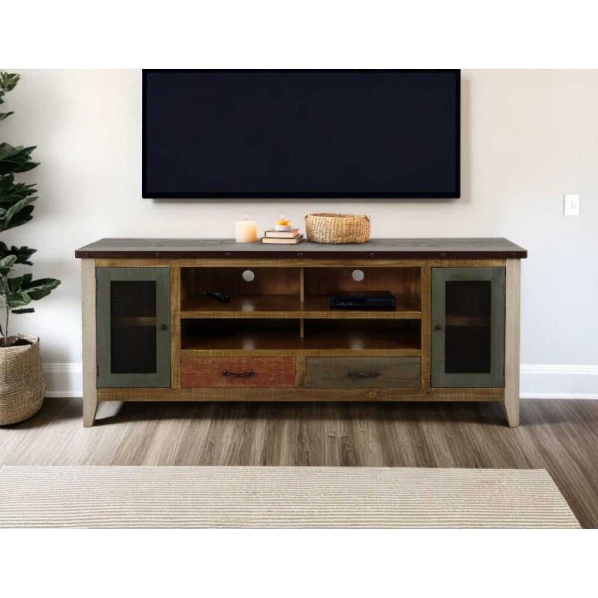 Antique 2 Drawer 2 Iron Mesh Doors 76" TV Stand - Image 4